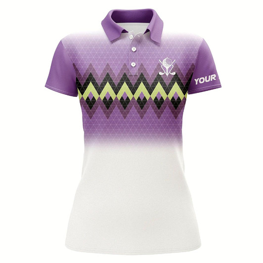 Goofygear Purple Graphic Stripe Argyle Pattern Custom Womens Golf Polo Shirts, Personalized Ladies Golf Tops