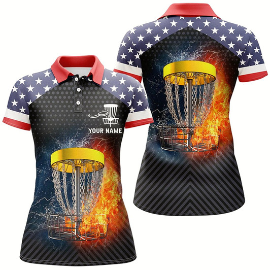 Goofygear Fire And Water Disc Golf Womens Polo Shirts American Flag Disc Golf Tops For Women Golf Gifts