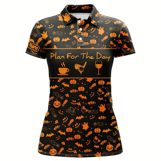 Goofygear Black Orange Halloween Background Custom Women Golf Polo Shirt Plan For The Day Coffee Golf Wine