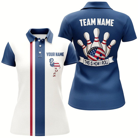 Goofygear Red White And Blue Retro Bowling Polo Shirt For Women Custom American Flag Flamingo Bowling Jerseys