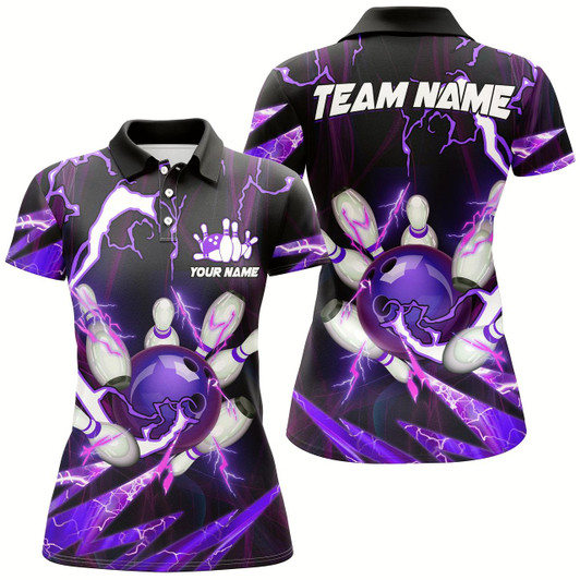 Goofygear Flame Lightning Thunder Bowling Ball Pins Jerseys Custom Team Bowling Polo Shirts For Women Purple