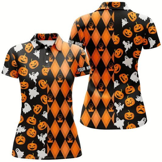 Goofygear Halloween Boo Pumpkin Black Orange Argyle Golf Polo Shirts Funny Golf Gifts For Women