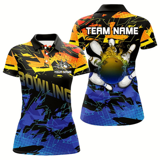 Goofygear Blue And Yellow Camo Bowling Polo Shirts For Women Custom Team Bowling Jerseys, Gift For Bowlers