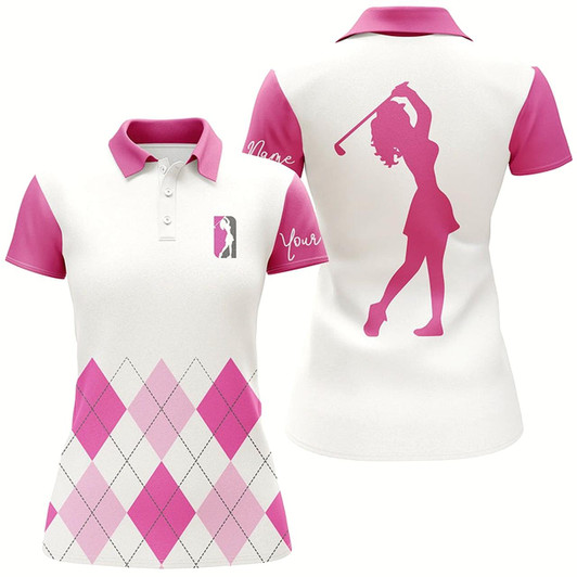 Goofygear Womens Golf Polo Shirt Custom Pink Argyle Plaid Golf Top For Ladies
