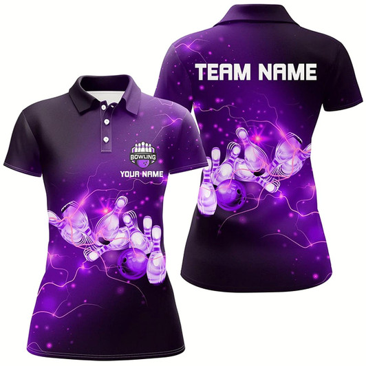Goofygear Womens Bowling Polo Shirt Custom Purple Flashes Of Lightning Thunder Bowling Team Ladies Bowler Jersey