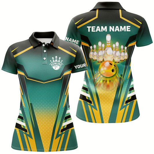 Goofygear Women Bowling Polo Shirts Custom Green And Yellow Bowling Ball Pins Team Jerseys Bowling Apparel