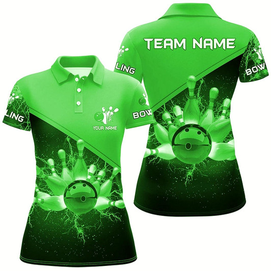 Goofygear Women Bowling Polo Shirts Custom Green Lightning Thunder Bowling Team Jersey, Gift For Team Bowlers Style 3