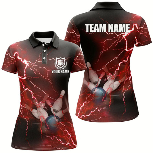 Goofygear Women Bowling Polo Shirts Custom Red Lightning Thunder Bowling Team Jersey, Gift For Team Bowlers Style 2