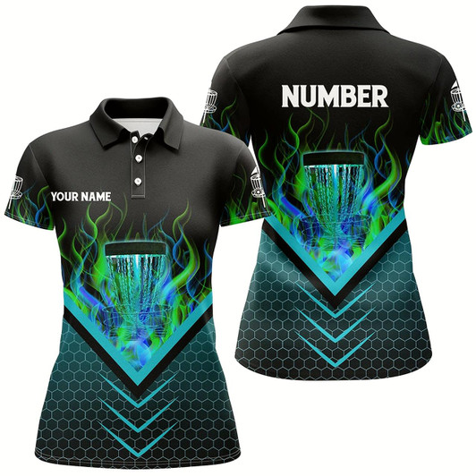 Goofygear Black And Green Fire Womens Disc Golf Polo Shirts Custom Flame Disc Golf Basket Jerseys