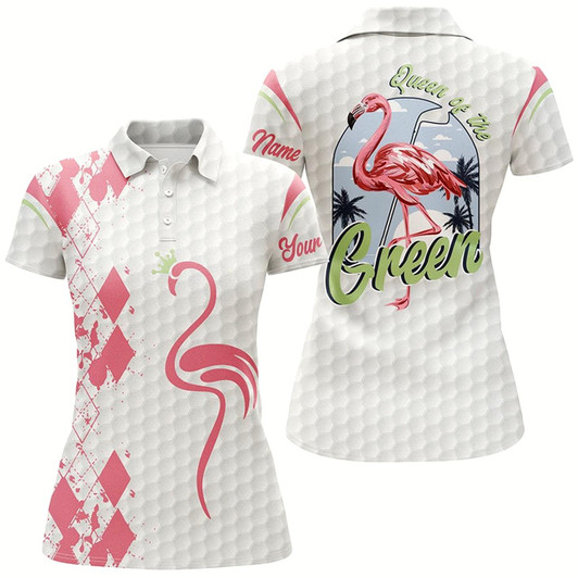 Goofygear Queen Of The Green White Womens Golf Polo Shirts Custom Name Pink Flamingo Ladies Golf Polos
