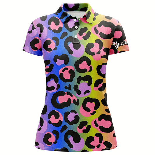 Goofygear Neon Rainbow Leopard Womens Golf Polo Shirts Custom Name Gift For Golf Lovers