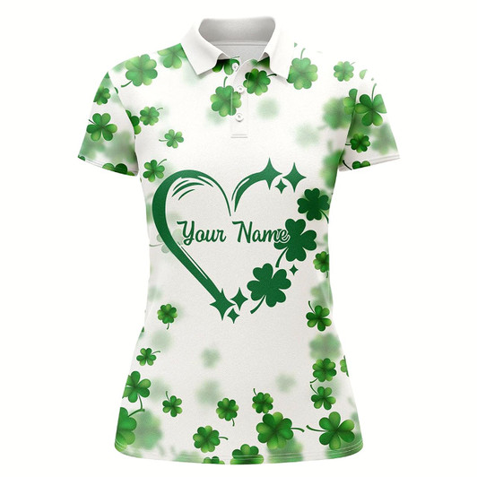 Goofygear Womens Golf Polos Shirts Custom Green Clover Heart St Patrick'S Day Pattern Ladies Golf Polos