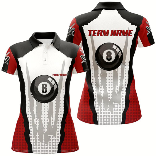 Goofygear Personalized 8 Ball Pool Red Billiard Polo Shirts For Women, Custom Billiard Team Shirt