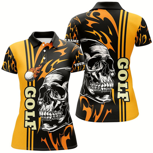 Goofygear Personalized Womens Golf Polo Shirts Custom Black And Yellow Skull Golf Top For Ladies, Golfing Gifts