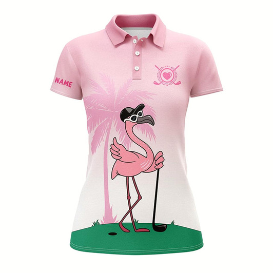 Goofygear Pink Flamingo Golf Team Womens Golf Polo Shirts Custom Name Cool Gift For Female Golfers
