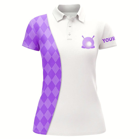 Goofygear White Womens Golf Polo Shirts Custom Purple Argyle Plaid Pattern Golf Tops, Ladies Golf Tops