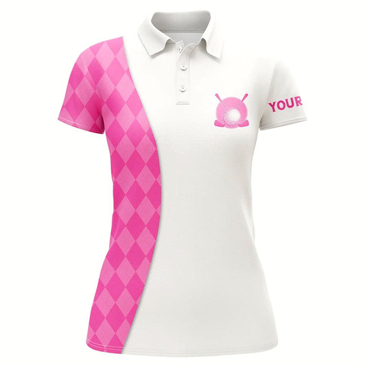 Goofygear White Womens Golf Polo Shirts Custom Pink Argyle Plaid Pattern Golf Tops, Ladies Golf Tops