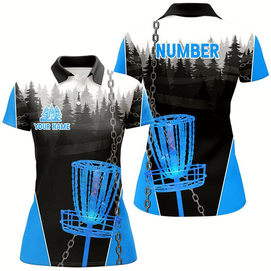 Goofygear Womens Disc Golf Polo Shirts Custom Black Chain Disc Golf Jerseys, Disc Golf Outfit Blue