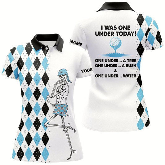 Goofygear Golf Skull Women Golf Polo Shirts Custom I Was One Under Today One Under A Tree, Bush And Water Blue