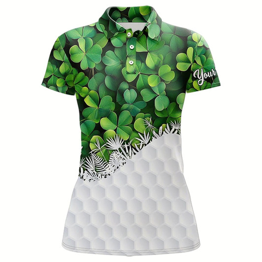 Goofygear Womens Golf Polo Shirts Custom Green Clover Golf Pattern White St Patrick Day Golf Attire For Ladies