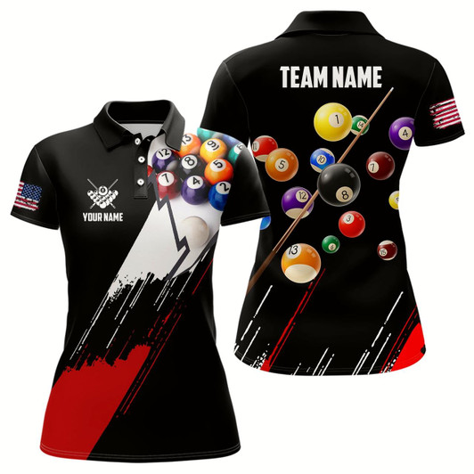 Goofygear Personalized 8 Ball Pool Player Billiard Polo Shirts For Women, Black Red Us Flag Billiard Jerseys