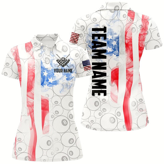 Goofygear Personalized Vintage Smoke White Us Flag Billiard Polo Shirts For Women, 8 Ball Pool Team Jerseys Style 1