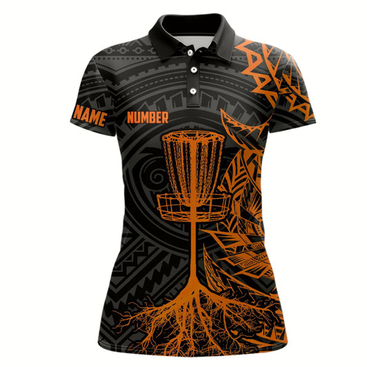 Goofygear Orange Tribal Womens Disc Golf Polo Shirt Custom Black Disc Golf Basket Jerseys Team Ladies Disc Golf