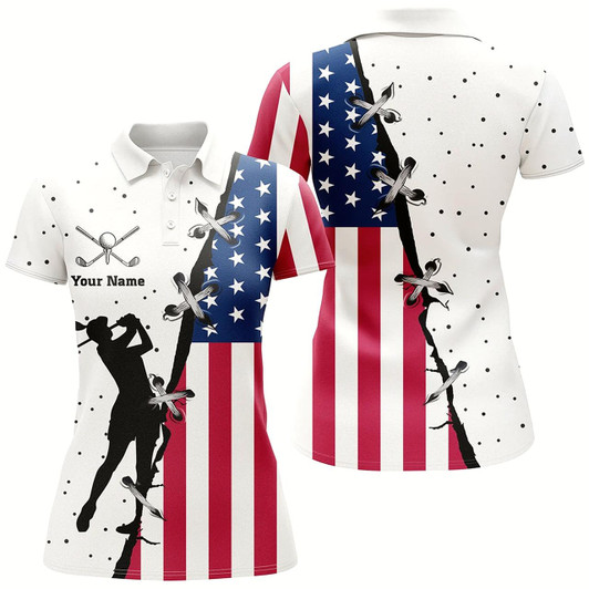 Goofygear Womens Golf Polo Shirts Custom Name American Flag Patriotic Golf Shirts, Team Golf Tops For Ladies Style 3