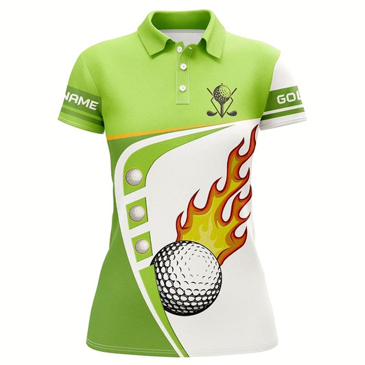 Goofygear White And Green Womens Golf Polo Shirts Custom Golf Ball Fire Ladies Golf Apparel, Green Golf Tops