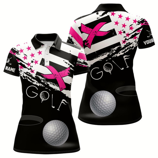 Goofygear Breast Cancer Awareness American Flag Pink Ribbon Custom Womens Golf Polo Shirts Patriotic Golf Tops