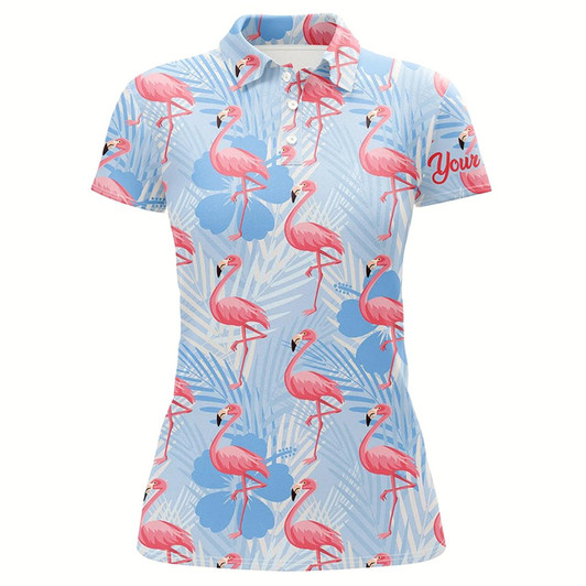 Goofygear Womens Golf Polo Shirts Custom Pink Flamingo Blue Tropical Pattern Golf Apparel For Team Ladies Golfer