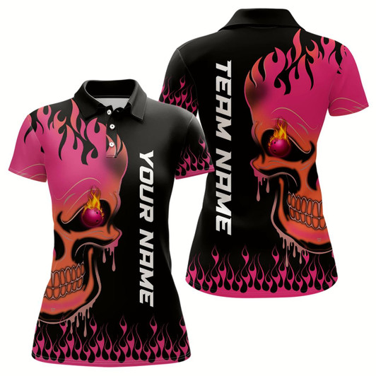 Goofygear Pink Flame Bowling Skull Custom Womens Bowling Polo Shirt, Team League Jerseys Gift For Bowlers
