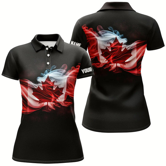 Goofygear Women Golf Polo Shirts Custom Smoke Canadian Flag Patriotic Black Golf Tops For Ladies, Golfing Gifts