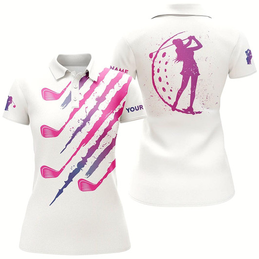 Goofygear Pink And White Golf Clubs Women Golf Polo Shirts Custom Name Golfing Gift, Ladies Golf Tops