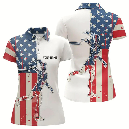 Goofygear Vintage American Flag Womens Disc Golf Polo Shirts Custom Patriotic Disc Golf Jerseys