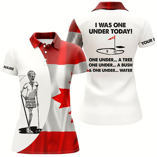 Goofygear Women Golf Polo Shirt Canadian Flag White Golf Skull Custom I Was One Under Today Tree, Bush And Water