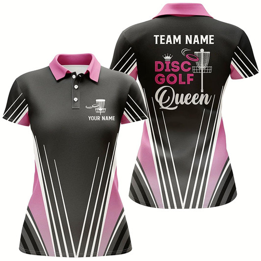 Goofygear Disc Golf Queen Black & Pink Polo Shirts Customized Cool Disc Golf Tops For Women Golf Gifts