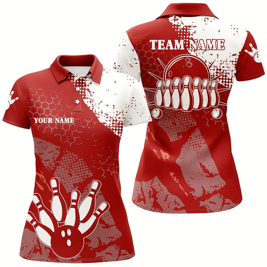 Goofygear Red And White Women Bowling Polo Shirts Custom Retro Bowling Ball Pins Bowling Team League Jerseys