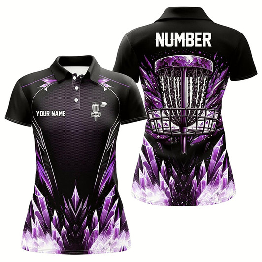 Goofygear Icy Purple Womens Disc Golf Polo Shirts Custom Black Disc Golf Basket Jerseys, Disc Golf Shirts