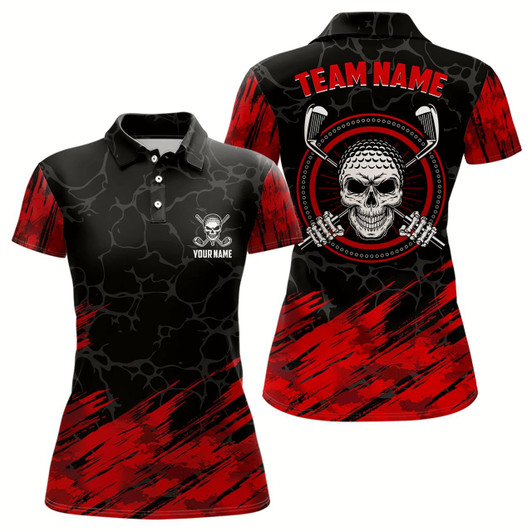 Goofygear Personalized 3D All Over Print Skull Womens Golf Polos, Red And Black Golf Shirts For Women