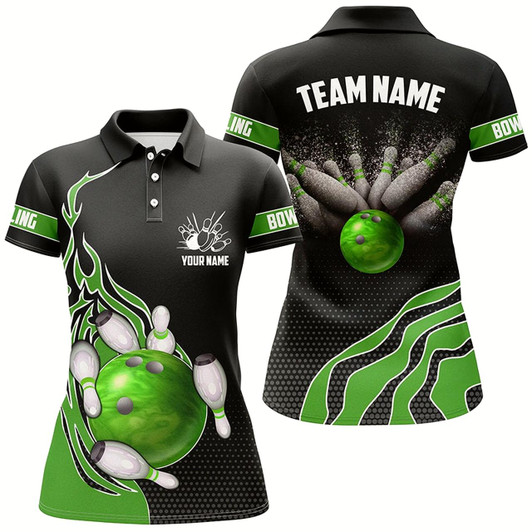 Goofygear Green Flame Bowling Polo Shirts For Women, Custom Bowling Team Jerseys Bowler Outfits