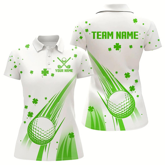 Goofygear Green And White Shamrock Lucky Womens Golf Polo Shirts Custom St Patrick Day Golf Attire For Ladies