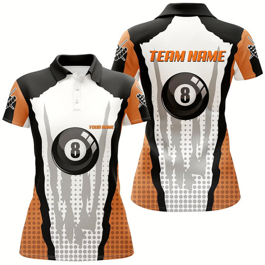 Goofygear Personalized 8 Ball Pool Orange Billiard Polo Shirts For Women, Custom Billiard Team Shirt