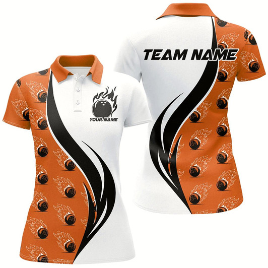 Goofygear Custom Flame Bowling Polo Shirts For Women, Bowling Team Uniforms With Name Orange