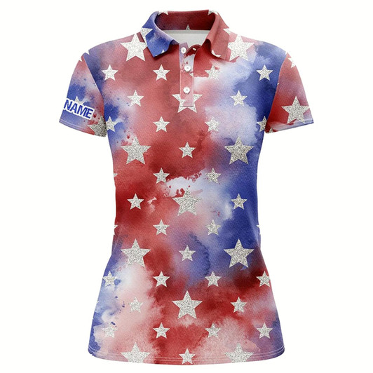Goofygear Red, White And Blue Tie Dye Womens Golf Polo Shirts Custom Team Golf Shirts Ladies, Golfing Gifts