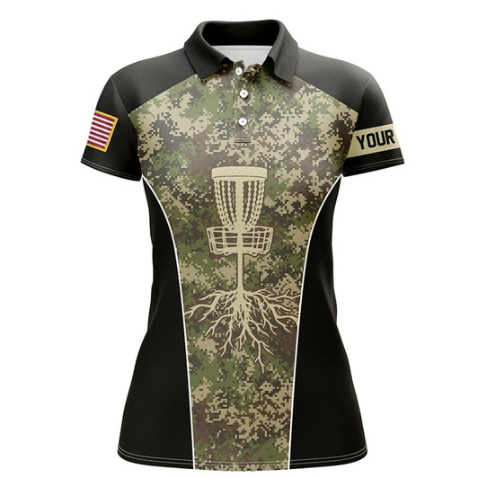 Goofygear Womens Disc Golf Polo Shirt Custom Disc Golf Basket Tree Camouflage, Personalized Disc Golf Gifts