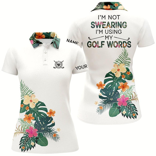 Goofygear White Womens Golf Polo Shirt Custom Name I Am Not Swearing I'M Using My Golf Words Tropical Plants