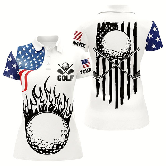 Goofygear Womens Golf Polo Shirts Custom American Flag Golf Ball Fire Patriot Golf Tops, Golf Attire For Ladies