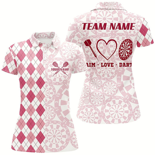 Goofygear Aim Love Darts Custom Pink Argyle Women Darts Polo & 1/4 Shirts, Funny Darts Shirts Darts Team Jersey