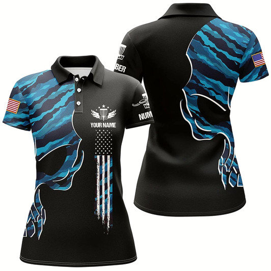 Goofygear Blue Camo Skull Black Us Flag Custom Name And Number Womens Polo Shirts, Ladies Disco Golf Outfit